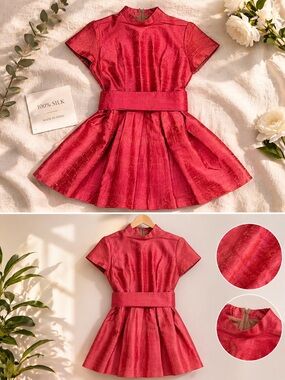 Coral 100% high quality soft silk Dress with Sash and pockets